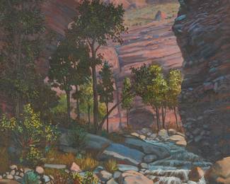 1027
Mark Zillman
b. 1955
Waterfall through a desert valley
Oil on canvas
Signed lower right: Mark Zillman
40" H x 30" W
Estimate: $200 - $300