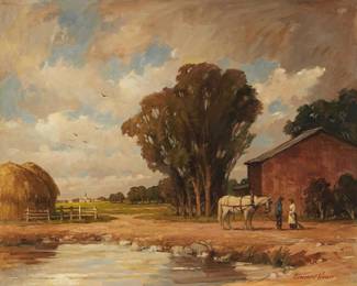 1008
Redmond Stephens Wright
1903-1991
Country landscape
Oil on canvas
Signed lower right: R. Stephens Wright; inscribed "#241," verso
24" H x 30" W
Estimate: $600 - $800