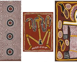 1252
Contemporary Aboriginal works
Three works:

Dorothy Club Pitjara (1956-2022)
"Soakage Underground Water Holes," 2002
Acrylic on canvas
Signed, titled, dated, and inscribed verso: Dorothy Club Pitjara / 2002 / "WGC UA3"
23" H x 23" W

Paddy Fordham Wainburranga (1932-2006)
Man with a snake
Acrylic on canvas
Signed near the lower edge, at center: Paddy Ordam
15.25" H x 11.75" W

Lily Mindindil Karedada (b. circa 1937)
"Rainmaker Wandjina"
Ochre on canvas
Unsigned; titled on a label affixed to the stretcher; inscribed verso: "WEK 02"
24" H x 24" W
Estimate: $700 - $900
