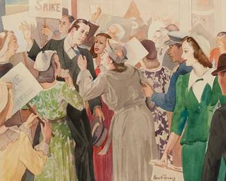 1139
Frederick Doyle Penney
1900-1988
Crowd striking
Watercolor on paper
Signed lower right: Fred D Penney
Sight: 14.875" H x 18.5" W
Estimate: $400 - $600