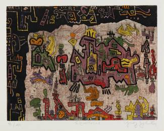 1238
Ynez Johnston
1920-2019
"Equatorial"
Etching and aquatint in colors on paper
Edition: 8/40
Signed, titled, and numbered in pencil along the lower margin: Ynez Johnston
Image: 9" H x 12" W; Sight: 10.5" H x 13" W
Estimate: $400 - $600
