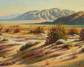 1003
Paul Grimm
1891-1974
"Under the Desert Sun," 1950
Oil on canvas
Signed lower right: Paul Grimm; signed again, titled, and dated verso: 1950
24" H x 36" W
Estimate: $2,000 - $3,000