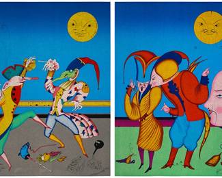 1204
Mihail Chemiakin (b. 1943)
Two works:

"La Danse D'Ete" from the "Danseurs et Spectateurs Suite," 1988
Lithograph in colors on paper
Edition: 76/195
Signed and numbered in pencil lower right: M. Chemiakin
Image/Sheet: 36" H x 25.5" W

"Les Spectateurs Mysterieux" from the "Danseurs et Spectateurs Suite," 1988
Lithograph in colors on paper
Edition: 125/195
Signed and numbered in pencil lower right: M. Chemiakin
Image/Sheet: 36" H x 25.5" W
Estimate: $300 - $500