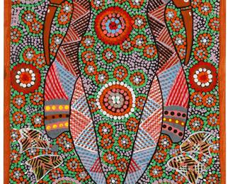 1262
Connie Collins-Nungarai
20th/21st century
"Water Birds"
Acrylic on canvas
Signed verso: Connie Collins-Nungarai; titled on a label affixed to the stretcher; inscribed verso: "Walpiri Tribe / WGB 104"
26" H x 21" W
Estimate: $400 - $600