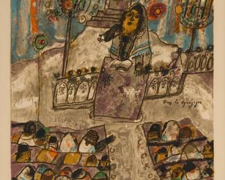 1216
Theo Tobiasse
1927-2012
"Dans la Synagogue," circa 1979
Lithograph in colors on wove paper
Edition:106/135
Signed and numbered in pencil in the lower margin: Theo Tobiasse; with the printed title in the image, to the right of center
Image: 23.5" H x 17.5" W; Sight: 25.75" H x 19.75" W
Estimate: $200 - $300