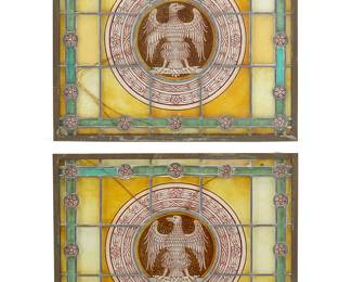 1507
20th century
Two Continental leaded glass panels
The polychrome glass panels, each depicting a central eagle figure within a bellflower border and an outer border of open petal floral medallions, 2 pieces
Each: 20" H x 23.75" W x 0.75" D
Estimate: $400 - $600
