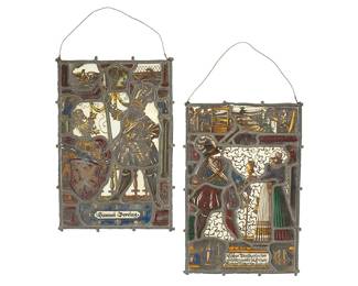 1506
17th century or later
Two German leaded glass panels
One signed: Samuel Doreing; the other inscribed in German and dated: 1613
The painted glass panels, one depicting a royal figure holding a halberd with a lion rampant, the other depicting a courtly couple below a scene of target practice, 2 pieces
Each: 13.5" H x 9" W x 0.375" D
Estimate: $300 - $500