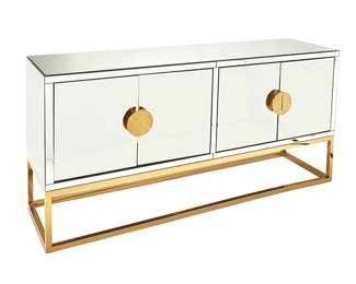 1464
Circa 2020
A Meridian Furniture "Marbella" mirrored sideboard
The wood carcass sideboard/buffet mounted with beveled mirror panels and set on a gold-toned stainless steel box frame, featuring opposed sets of hinged cabinet doors, each with Modern gold-toned stainless-steel pulls and revealing a black painted interior and single shelf
31.25" H x 64" W x 16" D
Estimate: $600 - $800