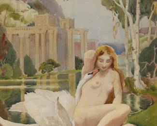 1154
Margaret Anna Dobson
1888-1981
Nude figure and swan, 1937
Watercolor on paper
Signed and dated twice, in pencil and in ink, at lower right: Margaret A. Dobson 1937
Sight: 21.5" H x 14.5" W
Estimate: $300 - $500