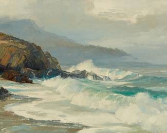 1043
Bennett Bradbury
1914-1991
Crashing waves
Oil on canvas
With the incised signature lower right: Bennett Bradbury; inscribed in red ink verso: "To my Darling Bette K*** / Merry Christmas / Beauyais"; with two of the artist's copyright ink stamps on the stretcher bars
16" H x 24" W
Estimate: $800 - $1,200