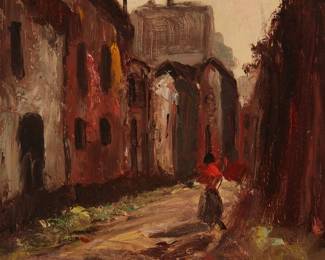 1187
Dirk Smit
1889-1985
Rural street scene
Oil on canvasboard
Unsigned; inscribed in ink in another hand, verso: "Artist: Dirk Smit / Laguna Beach / Purchased July 1964 by Elsie Reid"
18" H x 13.75" W
Estimate: $500 - $700