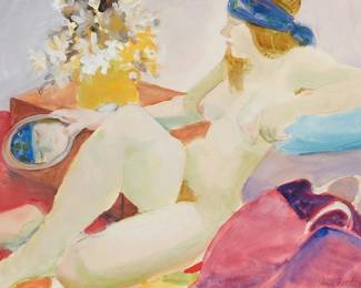 1146
June Felter
1919-2019
"Reflection," 1970
Watercolor, gouache, and graphite on paper
Signed and dated in pencil lower right: June Felter '70; titled on a label affixed verso
Sight: 15" H x 19.5" W
Estimate: $400 - $600