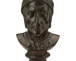 1367
After Benvenuto Celini (1500-1571)
A patinated bronze bust of Dante, 20th century
Titled to metal plaque mounted recto: Le Dante / Par Benveunto Celini; foundry mark verso: Galeria Artística / Perú 134 / S C. Reguan; additionally marked: Cie Les Bronzes Bruxelles; spurious signature to left side proper in the casting: Benvenutto Celini
19" H x 9.75" W x 9.75" D
Estimate: $500 - $700