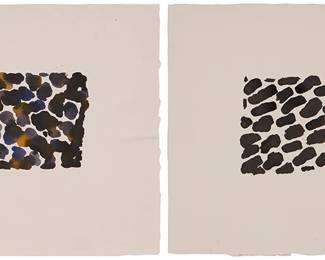 1294
Jacqueline Humphries (b. 1960)
Two works:

Untitled abstract, 1990
Watercolor on thick wove paper
Signed and dated in pencil verso: J. Humphries / 1990
Image: 5.5" H x 6" W; Sheet: 15" H x 14" W

Untitled abstract, 1990
Ink on thick wove paper
Signed and dated in pencil verso: J. Humphries 1990
Image: 6" H x 6" W; Sheet: 14.75" H x 15.25" W
Estimate: $1,000 - $1,500