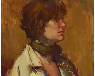 1060
Sergei Bongart
1918-1985
Portrait of woman in three-quarter view
Oil on board
Unsigned; indistinctly inscribed in Cyrillic, verso
24" H x 20" W
Estimate: $300 - $500