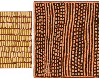 1257
Contemporary Aboriginal works
Two works:

Nancy Kunoth Petyarre (b. circa 1943)
"Mountain Devil Lizard Dreaming"
Acrylic on canvas
Signed verso: Nancy; titled on a label affixed to the stretcher; inscribed verso: "WEB 05"
16" H x 14" W

Narrabri Nakamarra (b. circa 1950)
"Blue Tongue Lizard Dreaming"
Acrylic on linen
Signed verso: Narrabri Nakamarra; titled on a label affixed to the stretcher; inscribed verso: "WGC PT 4"
22" H x 24" W
Estimate: $500 - $700