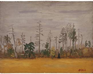 1015
Anders Aldrin
1889-1970
"Oregon Trees," 1938
Oil on Masonite
Signed lower right: Aldrin; signed again in pencil verso; titled and dated in ink, possibly in another hand, on a label affixed verso: 1938
14" H x 18" W
Estimate: $300 - $500