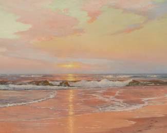 1041
Warren Sheppard
1858-1937
"Reflective Sunrise," circa 1885
Oil on canvas laid to canvas
Signed lower left: Warren Sheppard; titled and dated on a gallery invoice
24" H x 36" W
Estimate: $1,000 - $2,000