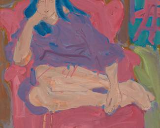 1147
Victor DiGesu
1914-1988
"Figure in Red Chair"
Oil on burlap
Signed lower left: DiGesu; signed again and titled, verso
19.25" H x 18" W
Estimate: $200 - $300