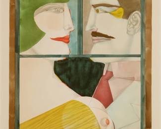 1202
Richard Lindner
1901-1978
"Washington Holiday," from "An American Portrait, Volume II: Not Songs of Loyalty Alone," 1975
Lithograph in colors on Arches paper
Edition: 105/175 (there were also 50 numbered in Roman numerals on Japan nacre paper)
Signed and numbered in pencil in the lower margin: R Lindner; Transworld Art, New York, pub.
Image: 21.75" H x 16.5" W; Sight: 23.75" H x 18.5" W
Estimate: $400 - $600
