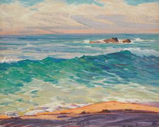1044
Gustave Cimiotti
1875-1969
Waves at the shore
Oil on canvasboard
Signed lower left: Cimiotti
16" H x 20" W
Estimate: $700 - $900