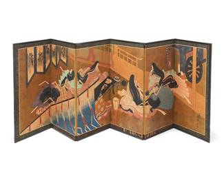1393
20th century
A Japanese six-panel byobu screen
Inscribed to lower right of rightmost panel
The painted and gilt rice paper low screen in ebonized wood frame, each panel coming together to depict a scene of maidens in their sleeping quarters, within a silk brocade fabric border
Each panel: 36" H x 18.25" W x 0.625" D; Stored: 4.125" D
Estimate: $300 - $500