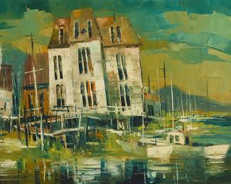 1028
Jack Laycox
1921-1984
"House at Tomales Bay," 1964
Oil on canvas
Signed lower right: Jack Laycox; signed again, titled, dated, and with the artist's copyright, all verso
24" H x 38" W
Estimate: $1,000 - $1,500