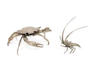 1320
20th century
A sterling silver figure of a crab and associated lobster figure
Marked to crab shell interior: 925
Comprising a sterling silver crab figure with hinged shell lid and articulated front claws and eye stalks, together with a metal alloy lobster figure, 2 pieces
Crab: 3.75" H x 8" W x 7.25" D, dimensions variable; Lobster: 6.375" H x 4.5" W x 3.375" D
Weighable sterling: 16.1 oz. troy approximately
Estimate: $400 - $600