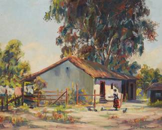 1032
Eva R. Griffin Turner
b. 1872
"El Ranchito," 1945
Oil on canvas
Signed lower right: Eva Griffin Turner; titled and dated in ink on a label affixed to the verso of the frame
22" H x 28" W
Estimate: $600 - $800