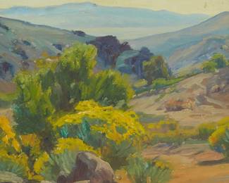 1022
Aaron Kilpatrick
1872-1953
California foothills
Oil on canvas
Signed lower left: Aaron Kilpatrick; numbered "307," verso
12" H x 16" W
Estimate: $500 - $700