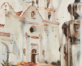 1121
Rex Brandt
1914-2000
"San Luis Rey"
Watercolor and ink on paper
Signed and titled in pencil in the lower left corner: Rex Brandt
Sight: 17.5" H x 13" W
Estimate: $300 - $500