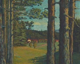 1014
Ruth Mayer
20th Century
Landscape of pines and red-roofed homes
Oil on canvas laid to board
Signed lower left: R Mayer
29.75" H x 22.75" W
Estimate: $400 - $600