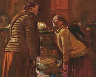 1156
Darrel Millsap
1931-2012
Figures chatting in a market scene
Acrylic on canvasboard
Signed lower right: D. Millsap
18" H x 14" W
Estimate: $100 - $200