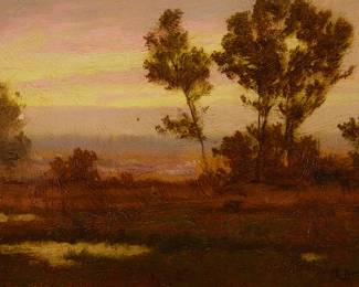 1004
Maurice Braun
1877-1941
Sunset over a landscape
Oil on board
Signed lower right: M Braun
6.25" H x 9" W
Estimate: $1,000 - $2,000