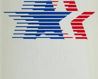 1289
After Robert Miles Runyan
1925-2001
"Los Angeles USA, XXIIIrd Olympiad, Official Symbol, 1984"
Offset lithograph in colors on poster paper
From the edition of unknown size
Signed in red ink near the lower edge, at right: Robert Miles Runyan
Sight: 36" H x 23.75" W
Estimate: $100 - $200