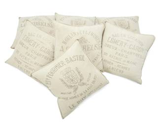 1510
Early 21st century
A group of Restoration Hardware canvas pillows
Each variously decorated with French text
Comprising seven pillows upholstered in tan canvas and filled with down feathers, 7 pieces
Each: 21.5" H x 21.5" W x 8" D approximately
Estimate: $200 - $300
