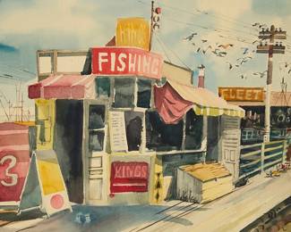 1053
Jake Lee
1915-1991
Wharf with fishing shack
Watercolor on Arches paper
Signed near the lower edge, at center: Jake Lee
Sight: 19.25" H x 29.5" W
Estimate: $400 - $600