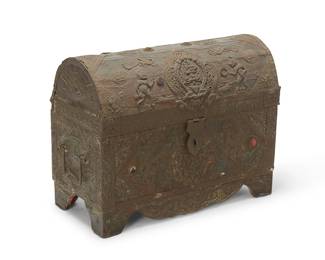 1405
19th century
A South Asian metal-clad trunk
The wood trunk wrapped in repoussé thin metal, depicting various deities and mythical beasts, with opposed iron handles and hinged barrel top
23.75" H x 31" W x 15" D
Estimate: $400 - $600
