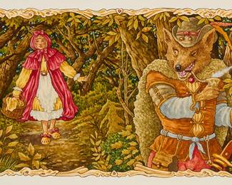 1269
Daniel San Souci
b. 1948
"Little Red Riding Hood" from "The Bedtime Book"
Watercolor and ink on paper
Monogrammed lower left; titled on the frame plaque
Image: 5.5" H x 9.5" W; Sight: 6" H x 10" W
Estimate: $700 - $900