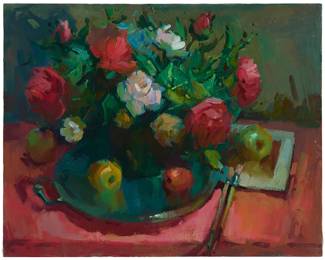 1112
Sergei Bongart
1918-1985
Still life with roses and paintbrushes
Oil on canvas
Unsigned
24" H x 30" W
Estimate: $300 - $500
