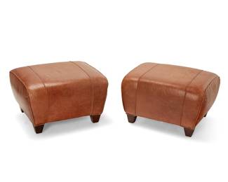 1478
Early 21st century
A pair of Mitchell Gold leather ottomans
One with Mitchell Gold tag to underside
The brown leather ottomans, each raised on tapered wood feet, 2 pieces
Each: 16" H x 27" W x 22" D
Estimate: $300 - $500