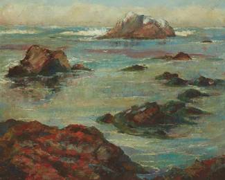 1042
Louise Nimmo
1899-1959
"Monarch of the Waste Land"
Oil on canvas
Signed lower right: L. Nimmo; signed again in ink and titled in pencil on the stretcher
25" H x 30" W
Estimate: $1,000 - $1,500