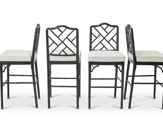 1462
2018
Four Ballard Designs "Dayna" cockpen barstools
With label: Ballard Designs; further dated and marked on paper label: Carb Phase 2
The ebonized wood bamboo-form stools with cockpen-style back and "Sandberg Parchment" leather upholstered seat cushions, 4 pieces
Each: 48" H x 21" W x 21.25" D
Estimate: $200 - $400