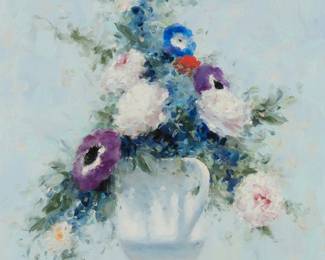 1104
Andre Gisson
1921-2003
Still life with flowers in a vase
Oil on canvas laid to canvas
Signed upper right: A. Gisson
20" H x 16" W
Estimate: $500 - $700