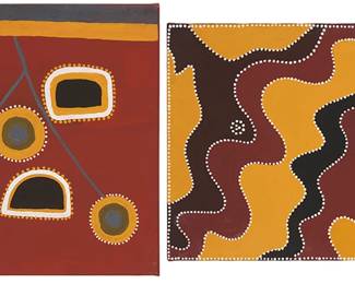 1258
Contemporary Aboriginal works
Two works:

Amanda Ahwon (b. circa 1980)
"Ningbingy Station Area"
Ochre on canvas
Signed verso: Mandy Ahwon; titled on a label affixed to the stretcher; inscribed verso: "WEW 01 / 892406"
18" H x 18" W

Peggy Patrick (b. circa 1928)
"Bow River"
Unsigned; titled on a label affixed to the stretcher; inscribed verso: "WGA 123"
Ochre on canvas
16" H x 20" W
Estimate: $500 - $700