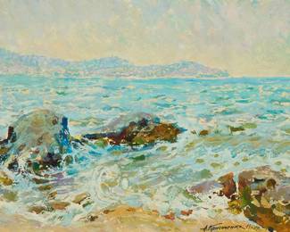 1050
Anatoly Petrovich Krisochenko
1916-1998
Seascape with coastal rocks, 1960
Oil on paper
Signed and dated lower right: A. Krisochenko 1960
Sight: 8.75" H x 12" W
Estimate: $200 - $300