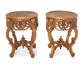 1483
20th century
A pair of Louis XV-style giltwood side tables
The tables with circular wreath-edge top above an openwork apron with scrolled foliate and garland motifs, raised on curvilinear foliate-form legs joined by a conforming X-stretcher with central lobed finial, 2 pieces
Each: 28" H x 27" Dia.
Estimate: $400 - $600