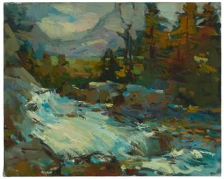 1093
Sergei Bongart
1918-1985
Stream in a forest, 1976
Oil on canvas
Unsigned; dated "76 r" and inscribed indistinctly in Cyrillic in ink, verso
24" H x 30" W
Estimate: $600 - $800