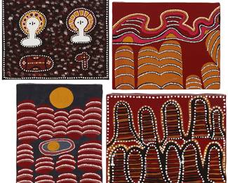 1264
Contemporary Aboriginal works
Four works:

Ju Ju Wilson (b. 1960)
"Ochre"
Acrylic on canvas
Signed on the stretcher: Ju Ju Wilson; titled on a label affixed to the stretcher; inscribed on the stretcher: "WEK 20"
10" H x 8" W (or reverse)

Sade Carrington (20th/21st century)
Untitled, 2004
Acrylic on canvas
Signed and dated verso: Sade 04; inscribed on the stretcher: "EK23"
10" H x 8" W (or reverse)

Sade Carrington (20th/21st century)
Untitled, 2004
Acrylic on canvas
Signed and dated verso: Sade 04; inscribed on the stretcher: "EK22"
10" H x 8" W (or reverse)

Sharon Nungatcha (20th/21st century)
Untitled
Acrylic on canvas
Signed and numbered verso: Sharon Nungatcha / "04"; inscribed on the stretcher: "EK24"
10" H x 8" W (or reverse)
Estimate: $400 - $600