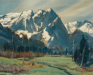 1018
Paul Lauritz
1889-1975
"British Columbia"
Oil on linen laid to panel
Signed lower left: Paul Lauritz; signed again, titled, and inscribed in pencil, all verso: "To Dorothy Jensen / Wishing you Happy years ahead / from Paul and Mary"
16" H x 22" W
Estimate: $700 - $900